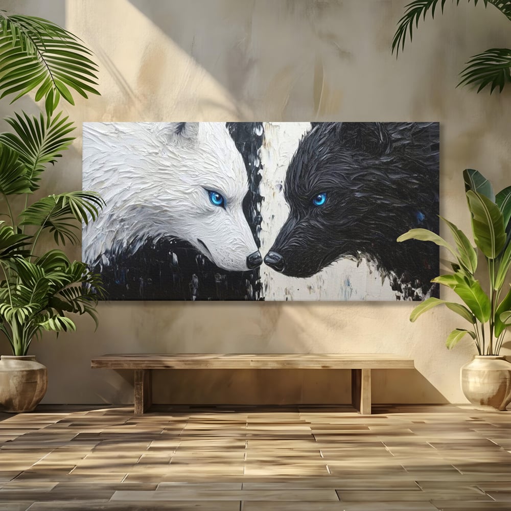Tablou canvas cu tablou canvas cu doi lupi, fara rama, pe sasiu de lemn